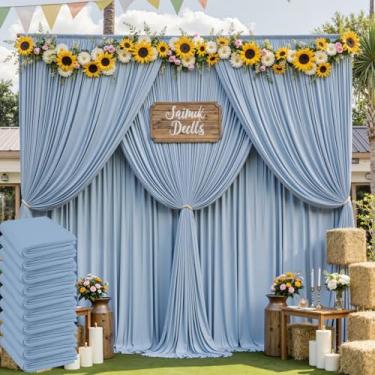 Imagem de Cortina de fundo azul empoeirado de 15,2 m x 3 m sem rugas para festas, 10 painéis, 1,5 x 3 m, pano de fundo de poliéster sedoso para fotos de casamento, aniversário, chá de bebê, fundo fotográfico