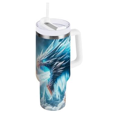 Imagem de Copo à prova de vazamento de 1,134 g, copo de aço inoxidável isolado com dragão de fogo e dragão de gelo com alça e tampa de canudo