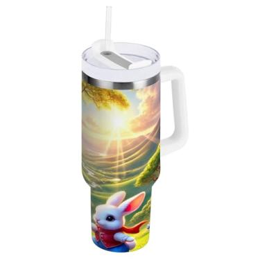 Imagem de Copo com isolamento duplo de 850 g com alça e canudo, copo de café verde para viagem coelhinhos da Páscoa