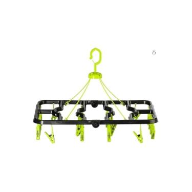 Imagem de Varal Multiuso Dobrável com 24 Prendedores, Plástico e Aço, Verde Limão e Preto, 50x32cm, Suporta 4kg, para Roupas Íntimas e Acessórios