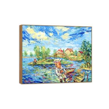 Imagem de BMZFYBS David Burliuk Famosas impressões em tela de arte de parede prontas para pendurar. Pescadores e barcos. Pintura de moldura de madeira para decoração de sala de estar 40 x 50 cm 16 x 20 pol
