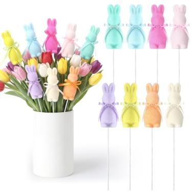 Imagem de Thyle 8 Palhetas de Coelhinhos Flocados de Páscoa Palhetas de Espuma Sintética Decorativas Hastes Salpicadas Pastel 27 cm de Altura para Primavera Cesta de Páscoa Buquês Arranjo Floral Guirlanda de