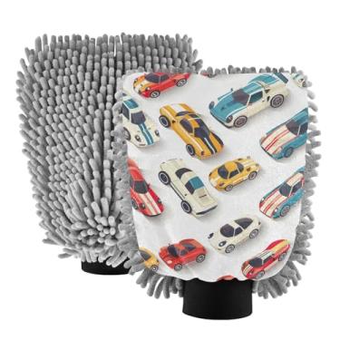 Imagem de ODAWA Luvas de carro de chenille de carros fofos de desenho animado para lavar, pacote com 2, luvas de lavagem de carro para caminhões e SUVs 20,5 x 30 cm