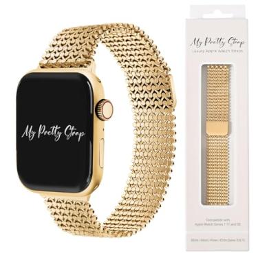 Imagem de My Pretty Strap - Pulseira feminina compatível com Apple Watch de aço inoxidável - pulseira ajustável (13,7 cm - 23,9 cm) - Séries 1-11, SE e Ultra (38/40 41/42/44/45/49) - ouro, prata - jasmim