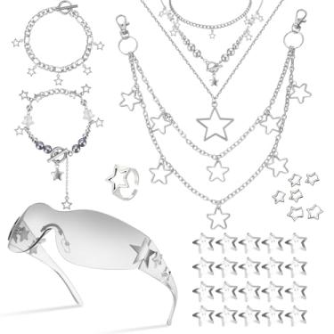 Imagem de JATEBI Conjunto de acessórios Y2K para mulheres, óculos de sol Y2K, colar em camadas, pulseira de corrente, pulseira de estrela, clipe de cabelo e brinco, kit de joias grunge dos anos 90, Medium