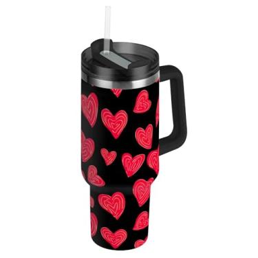 Imagem de Joisal Copo de 1,134 g com alça copos de aço inoxidável com tampa e canudo garrafas de água à prova de vazamento carros isolados caneca de café bebida quente corações vermelhos dia dos namorados preto