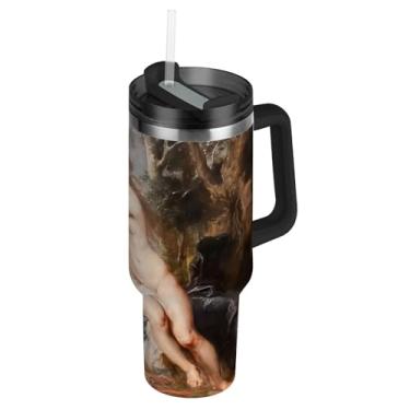 Imagem de Joisal Copo de 1,134 g com alça copos de aço inoxidável com tampas e canudo à prova de derramamento garrafas de água isoladas carros xícara de café bebida quente Rubens pintura Venus Adonis impressões