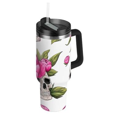 Imagem de Joisal Copo com alça 1,134 g Copos de aço inoxidável com tampas e canudos, garrafas de água isoladas reutilizáveis, garrafa de água cabe no copo do carro, caveiras de peônia rosa, folhas brancas
