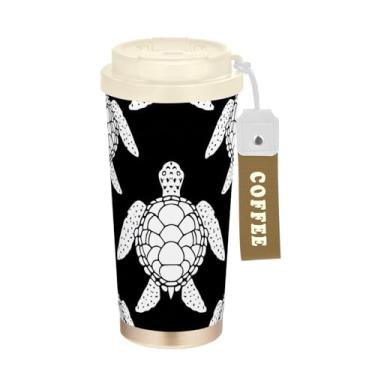 Imagem de TSENQUE Copo de café preto com estampa de tartarugas marinhas brancas, 473 ml com canudo e tampa, canecas de café de parede dupla isoladas a vácuo com revestimento cerâmico para escritório, escola