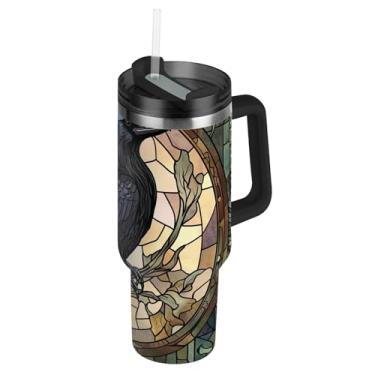 Imagem de Joisal Copos de corvo com tampa e canudo rosa fofo copo de 850 g com alça garrafa de água isolada de aço inoxidável carros caneca de café bebida quente