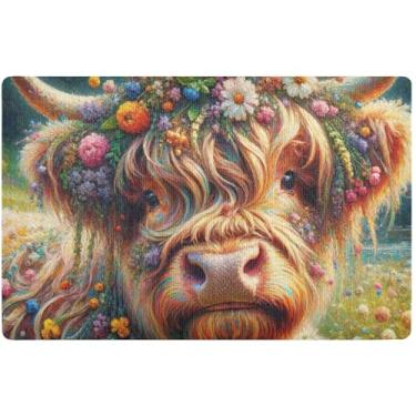 Imagem de TSENQUE Tapete de vaca Highland floral personalizado fofo tapete externo absorvente lavável tapete de entrada para interior de casa tapete externo 81 cm x 50 cm