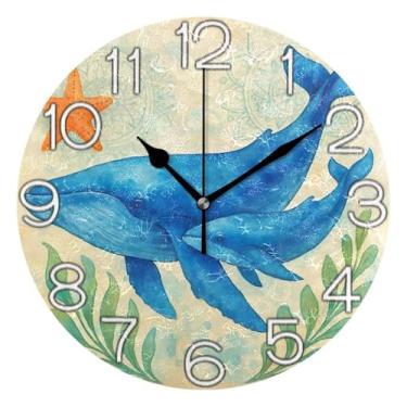 Imagem de GAIGEO Relógio de parede decorativo analógico estético silencioso sem tique-taque relógio de sala de aula, relógio de escritório, retrô moderno art déco decoração de parede aquarela animal baleia azul