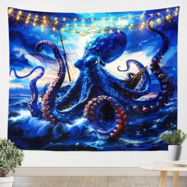 Imagem de Tapeçaria de polvo 3D, cobertor de parede com tema triplo de viagem marítima para decoração de quarto de crianças, meninas, meninos, arte de pendurar na parede de veleiro de onda do mar, decoração de