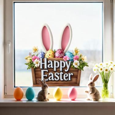 Imagem de Adesivos de janela de Páscoa com 2 folhas - Adesivos estáticos de dupla face para janela de ovo de coelho removível de vidro com desenho animado de coelho, primavera, feriados, decoração para casa