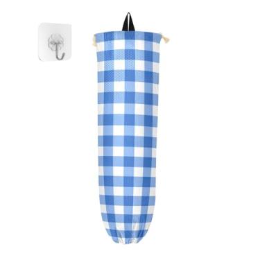 Imagem de Protetor de saco de compras de plástico xadrez azul e branco, suporte de saco de plástico, suporte de saco de plástico para armário
