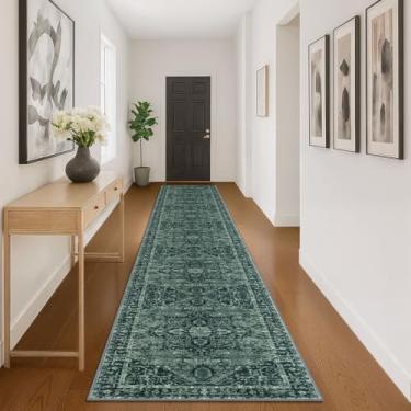 Imagem de KOZYFLY Corredores para corredores 8 x 40 m extra longo lavável lã sintética tapete de corredor fino tapete impresso para entrada, quarto, escada, cozinha, lavanderia, decoração de chão, verde escuro