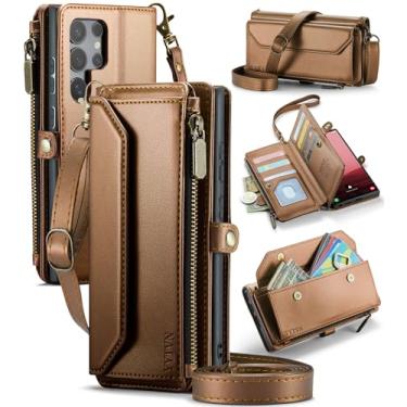 Imagem de YYTVN Capa carteira para Samsung Galaxy S24 Ultra com zíper para cartão, capa flip magnética de couro PU com bloqueio de RFID com alça transversal e alça de pulso para Galaxy S24 Ultra - marrom