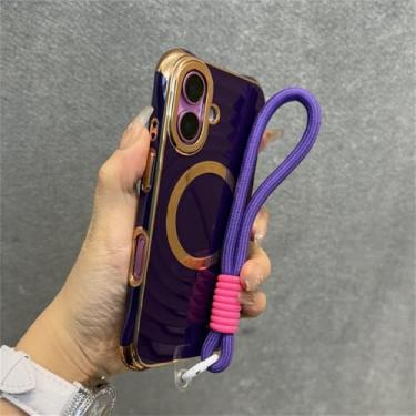 Imagem de Capa de celular luxuosa com alça de pulso e cordão para iPhone 15, 16 Plus, 11, 12, 13, 14 Pro Max, capa com revestimento macio e ondulada, roxa, para iPhone 15 Plus