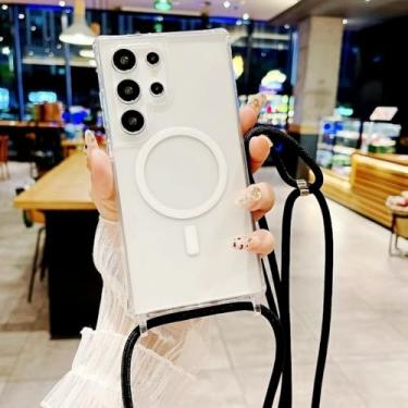 Imagem de Capa de acrílico à prova de choque com alça para Samsung Galaxy S25 Ultra, S23, S24 Plus, S25 Plus, transversal, com cordão magnético, sem fio, transparente, preta, para S24 Ultra