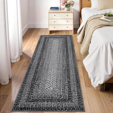 Imagem de Tapete de corredor boho de 5 x 15 cm, estampa trançada, lavável à máquina, antiderrapante, marroquino, para cozinha, fazenda, tapete rústico para sala de estar, quarto, preto