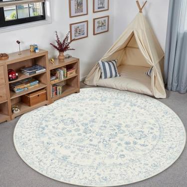 Imagem de PureCozy Tapete redondo azul de 1,2 m, tapete de porta de entrada, círculo pequeno, 10 x 10 cm, tapete vintage, antiderrapante, para uso interno, quarto, lavável, envelhecido, floral, retrô, destaque