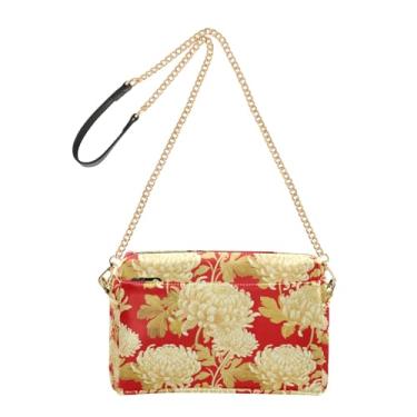 Imagem de Joitme Bolsa feminina de crisântemo com folha marfim vermelha bolsa tiracolo bolsa de telefone linda alça de corrente de couro PU bolsa de ombro