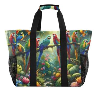 Imagem de Sacola reutilizável para compras de mercearia, férias, flores tropicais, papagaios, bolsas utilitárias, para mulheres, praia, impermeável, grande, designer