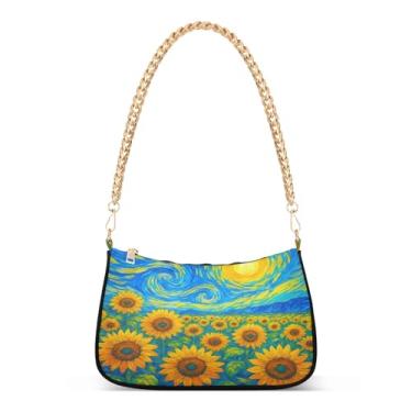 Imagem de Bolsa de ombro vintage com corrente azul estrelado de girassol, bolsa de mão Hobo artística para mulheres, bolsa média para uso diário ou noite