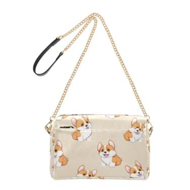 Imagem de Joitme Bolsa de ombro feminina transversal fofa laranja Corgi filhotes bege bolsa de telefone linda bolsa de ombro de couro PU alça de corrente