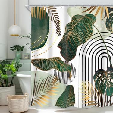 Imagem de Cinbloo Cortina de chuveiro verde Boho 54Wx78H tenda única pé abstrato moderno meados do século ouro tropical folha de palmeira planta minimalista neutra conjunto de cortina de banheiro simples