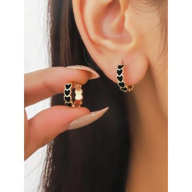 Imagem de Brincos de argola simples de prata esterlina 925 - 15 mm, banhado a ouro 14K, design de coração em gota de óleo preto, brincos circulares hipoalergênicos pequenos e delicados, presente de joia