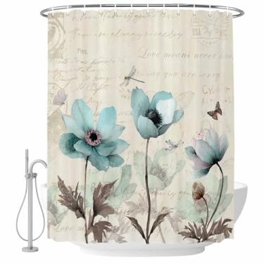Imagem de Cortina de chuveiro floral azul-petróleo tulipas borboleta flor vintage conjunto de cortinas de banho de tecido impermeável para banheiro decoração de banheira acessórios de casa 182 x 182 cm