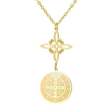 Imagem de TEAMER Colar com pingente de nó de bruxa de São Bento, proteção dupla, colar de São Bento, cruz de Jesus, joia de amuleto católico religioso, adjustable, Aço inoxidável, Sem Pedra Preciosa