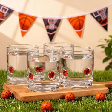 Imagem de SiliFine Pacote com 4 copos de vidro com ícones de basquete 400 ml copos de suco com ícones duplos à moda antiga soprados à mão sem haste, copo reutilizável para presente de festa esportiva de