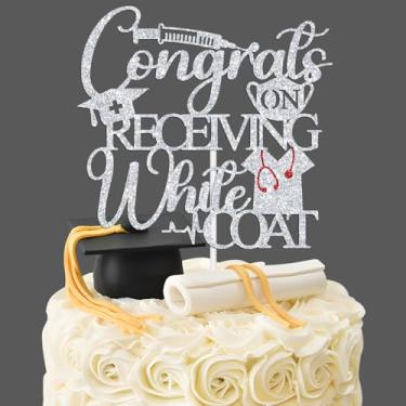 Imagem de Congrats on Receiving White Coat Cake Topper, Congrats Doctor Cake Decor, Future Doctor, Class of 2026 Medical School Survivor Graduation Party Decoration Supplies, Silver Glitter