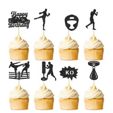 Imagem de Zpilkes 32 peças de topos de cupcake de jogador de boxe luvas de boxe tema de academia com glitter topos de bolo decorações para festa temática boxer, artigos de festa de feliz aniversário