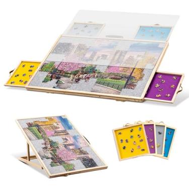 Imagem de Tektalk Quadro de quebra-cabeça conversível, mesa de quebra-cabeça ajustável de uso bidirecional com capa e 4 gavetas de classificação coloridas, platô de madeira inclinado, para até 1000 peças