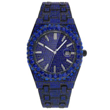 Imagem de DAXIAOYU Relógios masculinos de quartzo preto, calendário moderno, ponteiros luminosos, pulseira hip hop, mostrador completo de strass, relógio de pulso masculino de diamante, Azul