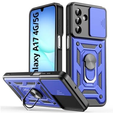 Imagem de Capa para celular Samsung Galaxy A17, com capa deslizante para câmera, suporte de anel de dedo giratório, à prova de choque, capa protetora resistente a arranhões - azul