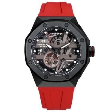 Imagem de TSAR BOMBA Relógio masculino mecânico automático, relógio de pulso à prova d'água 100 m, mostrador analógico, mostrador octogonal, vestido de luxo, com pulseira de borracha FKM, Vermelho, Mecânico