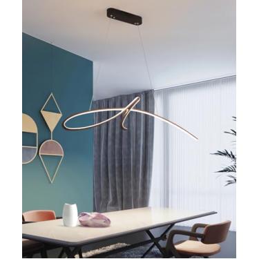 Imagem de Luminária pendente LED moderna e regulável para sala de jantar, com design criativo e curvo, na cor dourada, com altura ajustável. Ideal para iluminação de ilha de cozinha, quarto e bar.