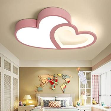 Imagem de Luminária de teto LED moderna e romântica em formato de coração de desenho animado, 55cm×38cm×6cm, rosa, em ferro, alumínio e acrílico, com intensidade regulável e controle remoto para quart