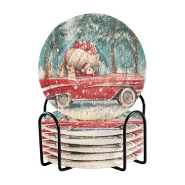 Imagem de Blueangle 6 peças de porta-copos de carro vermelho vintage para bebidas, porta-copos de tecido redondo super absorvente para mesa de café, proteção de mesa para decoração de casa (367)
