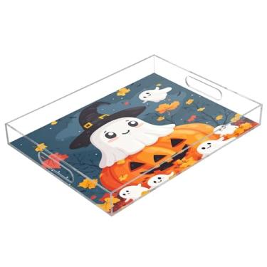Imagem de xigua Bandeja de servir de acrílico fantasma de Halloween com alças à prova de derramamento, bandejas decorativas de festa de Halloween, bandeja organizadora de bancada para banheiro, cozinha, 30,5 x