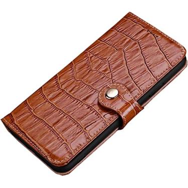 Imagem de IENYU Bolsa flip para Apple iPhone 14 Plus 6,7 polegadas, couro genuíno textura de crocodilo capa de telefone com suporte para cartão (cor: marrom)