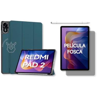 Imagem de Capa para Xiaomi Redmi Pad 2 – Kit Opcional com Película e Caneta - Case Rígida Magnética, Função Sleep/Wake e Suporte Integrado (Verde-escuro, Capa + Película Fosca + Caneta PREMIUM)