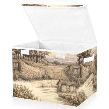 Imagem de Blueangle Cestos de armazenamento Tuscan House com tampas, 42 x 32 x 30 cm, grande cesta organizadora dobrável para decoração de escritório e armário (66)