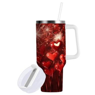 Imagem de ATTX Copo de fogo de artifício coração de 850 g com alça - Caneca de viagem de aço inoxidável isolada a vácuo, copo de café à prova de vazamento com canudo #177