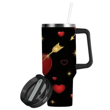 Imagem de ATTX Copo grande de coração vermelho brilhante de 850 g com alça, copo de aço inoxidável a vácuo de parede dupla com palha, caneca de café de viagem isolada #417