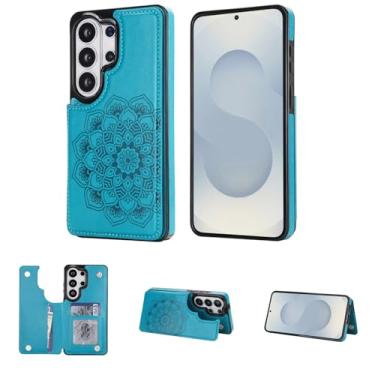 Imagem de Capa carteira para Samsung Galaxy S26 Ultra, fecho magnético com compartimentos para cartões e suporte, capa protetora fina com acabamento anti-impressão digital e design mandala (azul)